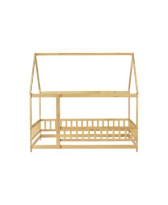 Full Size House Floor Wooden Bed with Roof Frame Safety Guardrails Natural
