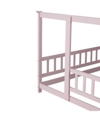 Full Size House Floor Wooden Bed with Roof Frame Safety Guardrails