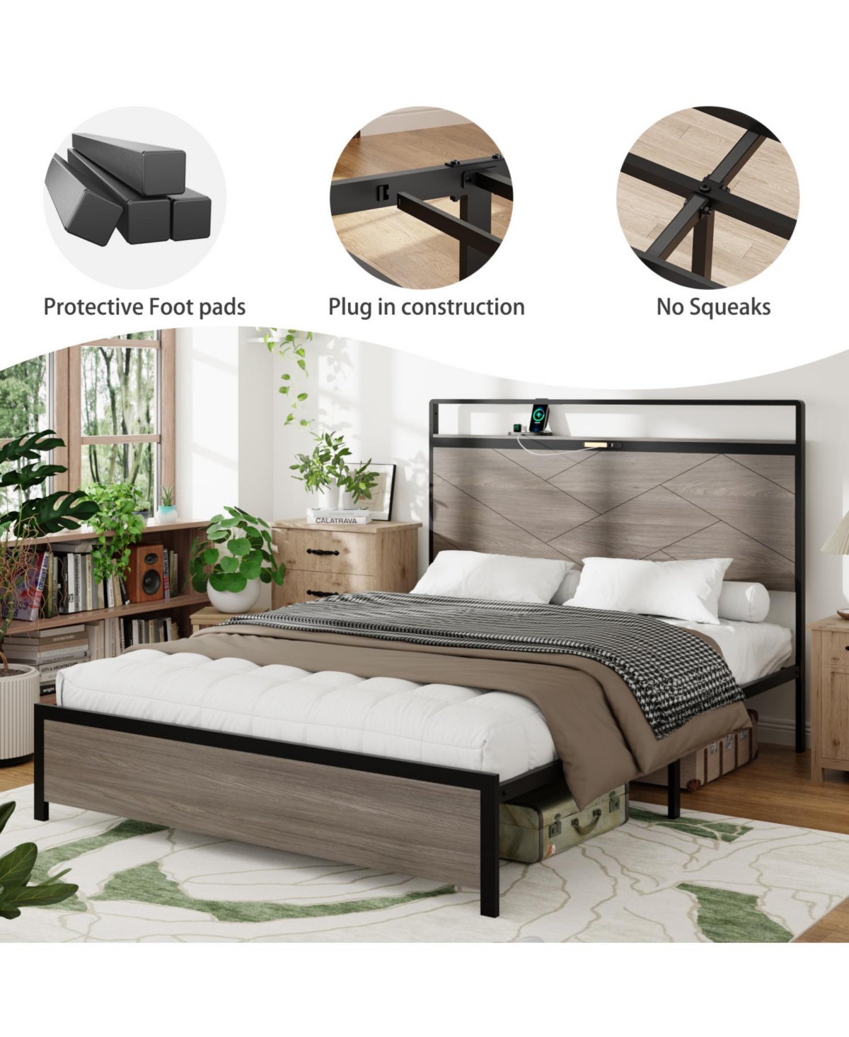 Streamdale Furniture Queen Wooden Platform Bed Frame Led Usb Storage Antique Grey