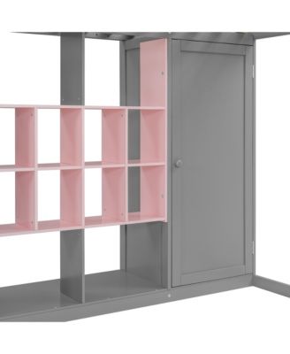 Full Size Wood Loft Bed with Wardrobe, shelves and Cabinet, Gray+Pink