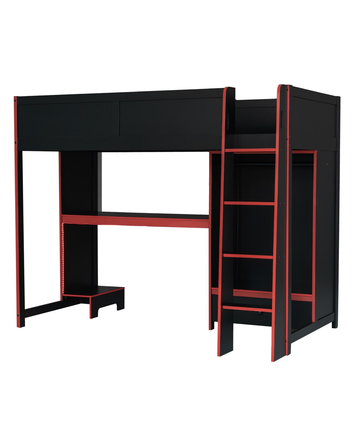 Streamdale Furniture Black Twin Gaming Loft Bed w/ Desk, Wardrobe & Led