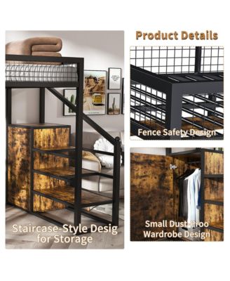 Loft Bed w/Desk & Wardrobe - Metal Frame, Stairs, Storage