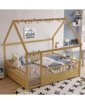  Wooden House Bed with Fence (Full, Natural)