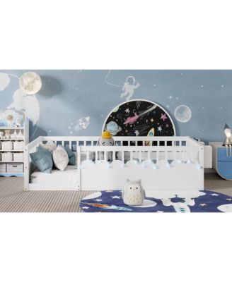 Twin Montessori Floor Bed with Rails, Shelf, Light