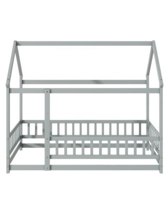 Streamdale Twin Size House Floor Wooden Bed with Roof Frame, Safety Guardrails, Grey