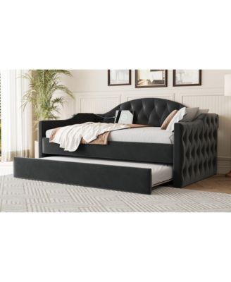 Twin Tufted Velvet Daybed with Trundle, USB Ports, Black