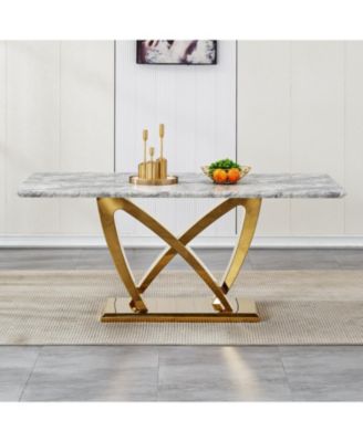70" Faux Marble Dining Table, Mirrored Base (Gold/Gray