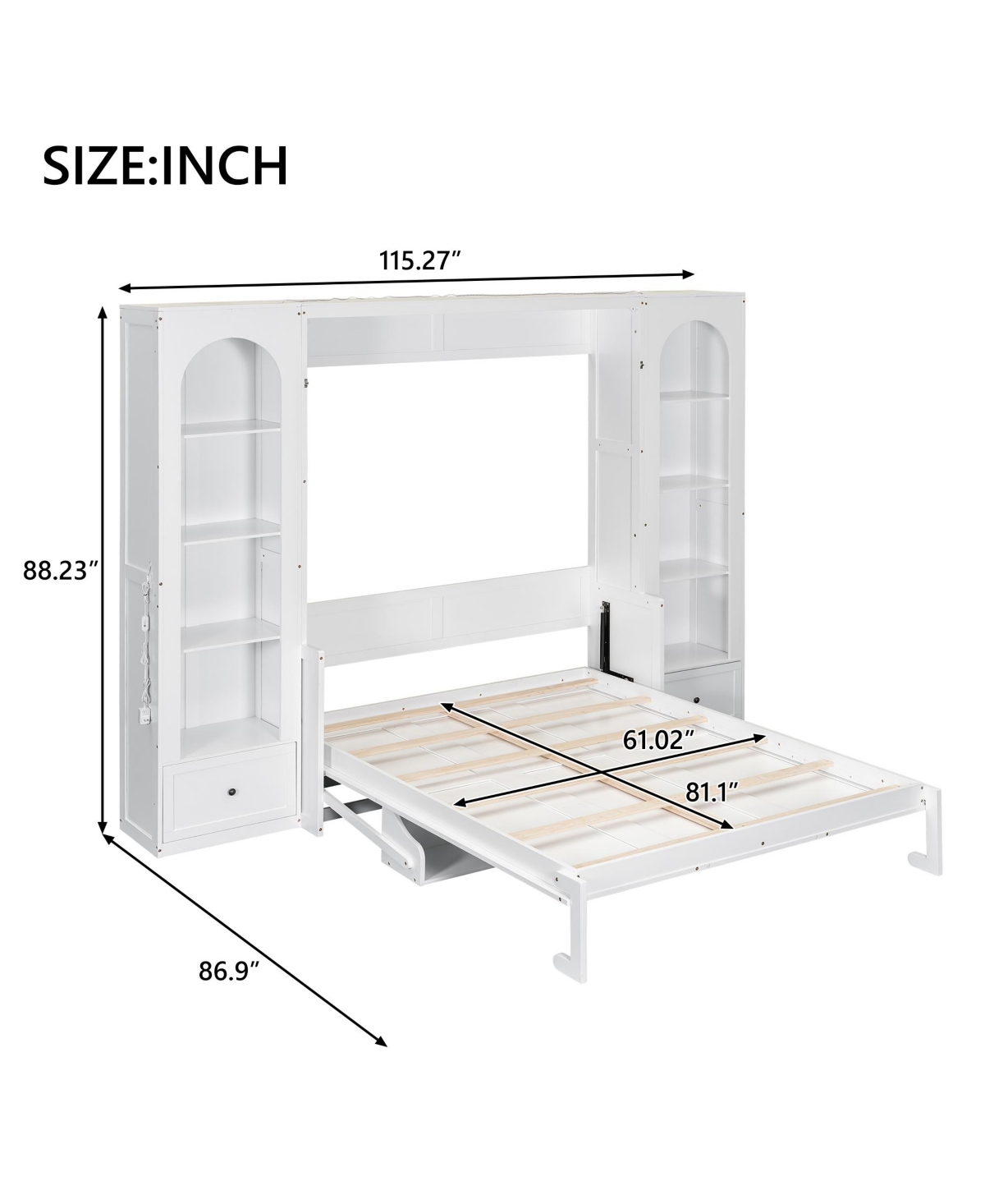 Streamdale Furniture Queen Size Murphy Platform Bed with Shelf, Side Cabinets, Drawers and Led, White