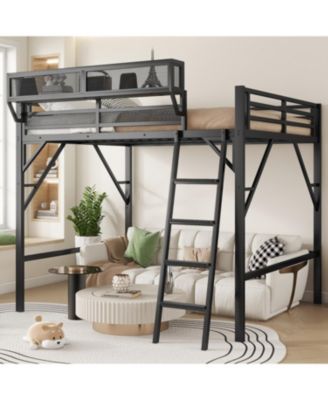 Queen Loft Bed with Shelves, Metal Frame