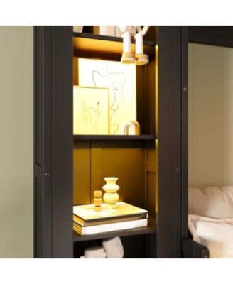 Streamdale Queen Size Murphy Platform Bed with Shelf, Side Cabinets, Drawers and LED, Black