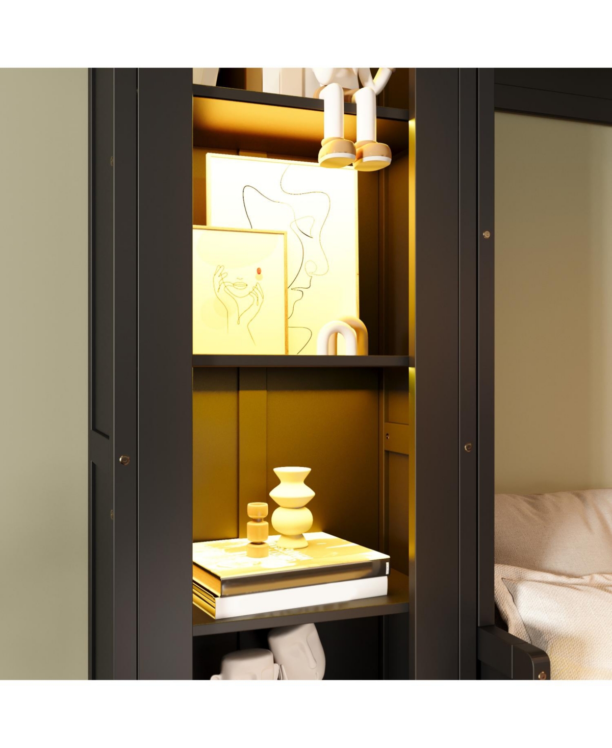 Streamdale Furniture Streamdale Queen Size Murphy Platform Bed with Shelf, Side Cabinets, Drawers and Led, Black