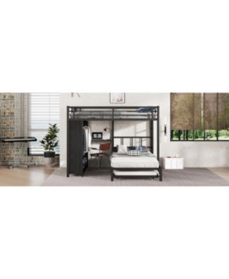 Queen/Twin Bunk Bed with Wardrobe, Trundle, Desk, Ladders