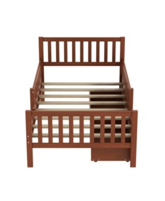 Twin Wood Platform Bed with Guardrails & Storage - Walnut