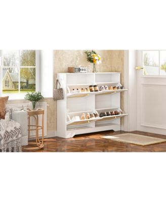 Streamdale Mid-Century Narrow Shoe Cabinet - 4 Flip Drawers, Rattan Doors, Hooks