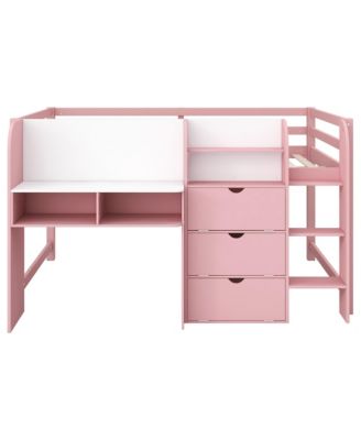 Pink Low Loft Bed with Desk, Storage & Whiteboard