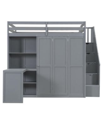 Full Size Loft Bed with Wardrobe, Desk and Shelves, Gray(OLD-LT000679AAE)