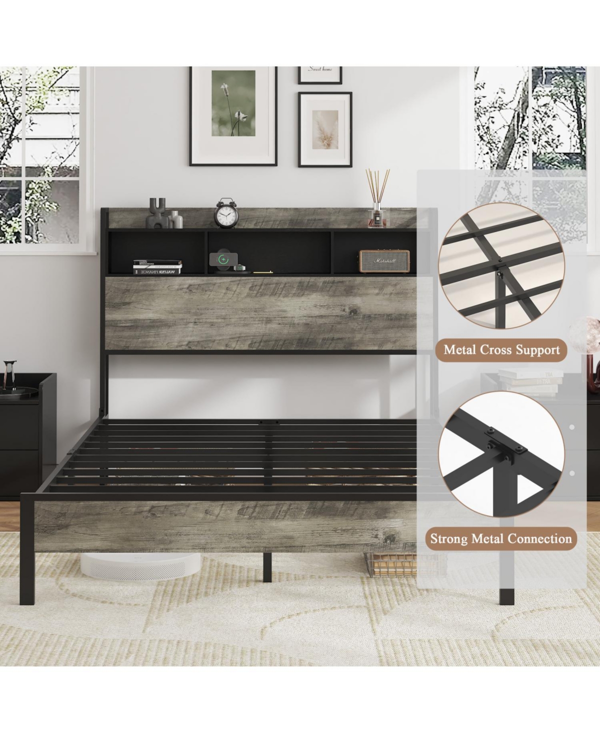 Streamdale Wooden Platform Bed Frame with Storage & Usb - Antique Gray