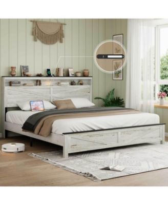  King White Bed- Wood Headboard & Hidden Storage (No Box Spring)