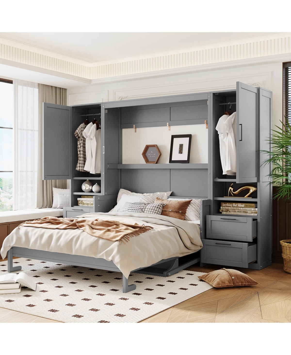 Streamdale Furniture Queen Size Murphy Bed Wall Bed with Closet ,Drawers and Shelves