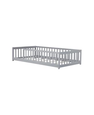 Twin Floor Bed with Fence, Rubber Wood, Grey