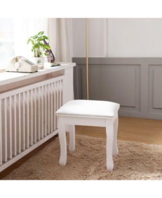 White Vanity Stool Padded Makeup Chair Bench with Solid Wood Legs
