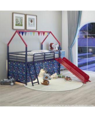 Jack Metal Twin Loft Bed w/ Slide & Curtain - Navy/Red