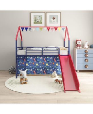 Jack Metal Twin Loft Bed w/ Slide & Curtain - Navy/Red