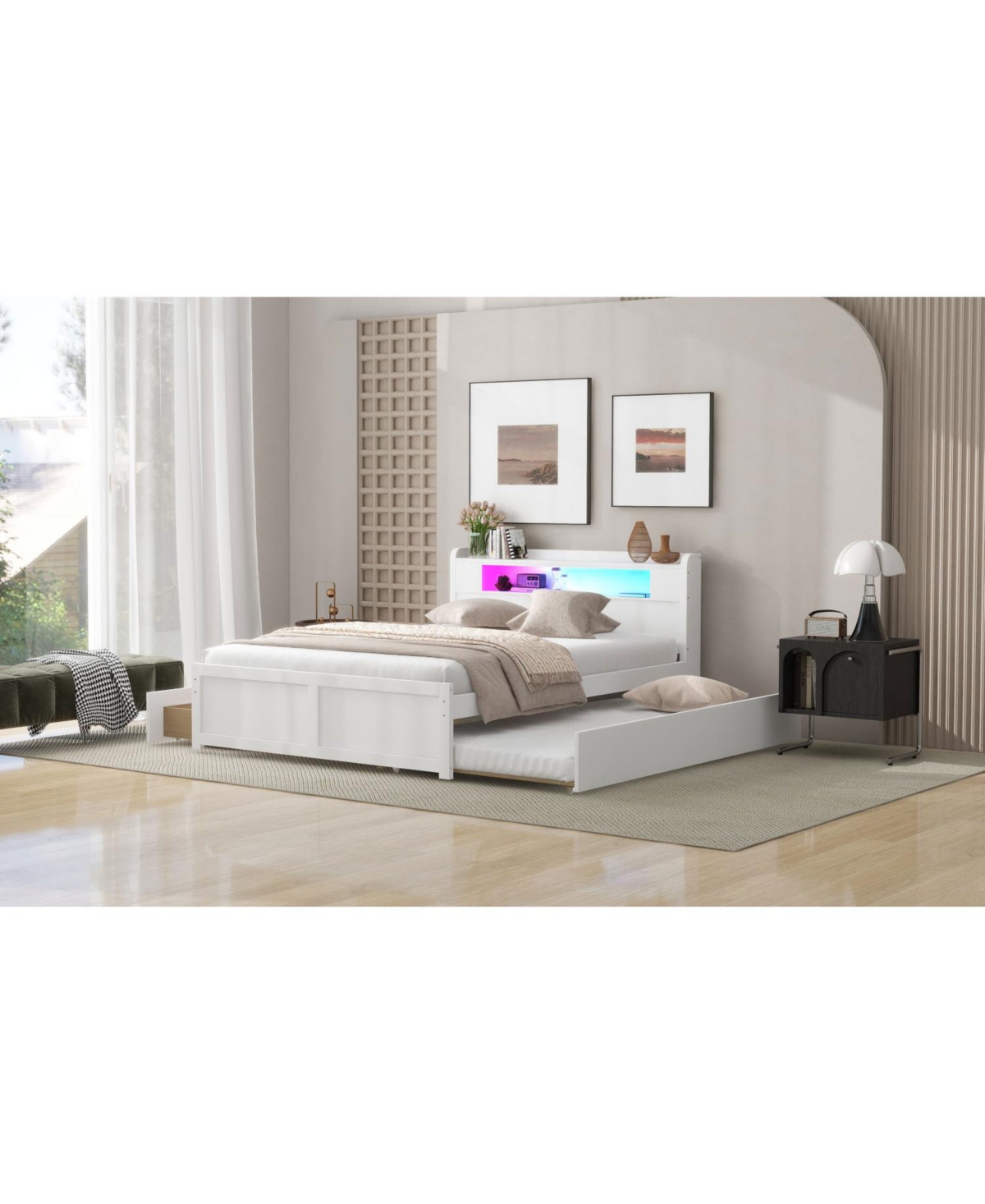 Streamdale Furniture Queen Wood Platform Bed- Led, 2 Drawers & Trundle.
