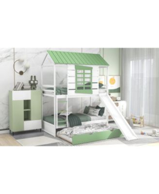Twin House Bunk Bed w/ Slide & Trundle
