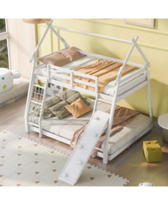 Twin over Queen House Bunk Bed with Climbing Nets and Climbing Ramp, White