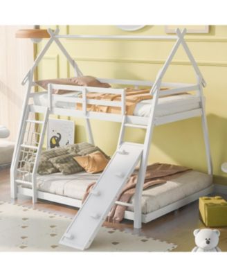 Twin over Queen House Bunk Bed with Climbing Nets and Climbing Ramp, White