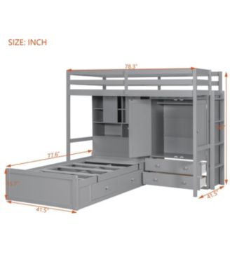 Twin Bunk Bed with Drawers, Wardrobe, Storage Shelves and Hydraulic Bed,Gray