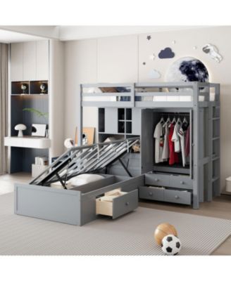 Twin Bunk Bed with Drawers, Wardrobe, Storage Shelves and Hydraulic Bed,Gray