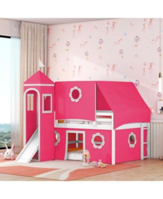  Full Size Loft Bed with Slide Pink Tent and Tower - Pink