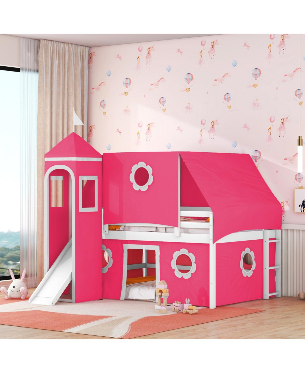 Streamdale Furniture Full Size Loft Bed with Slide Pink Tent and Tower - Pink