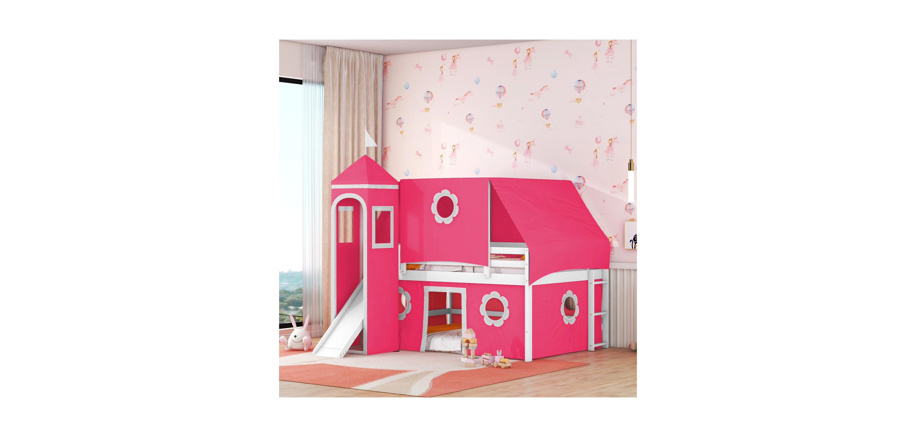 Streamdale Furniture Full Size Loft Bed with Slide Pink Tent and Tower - Pink