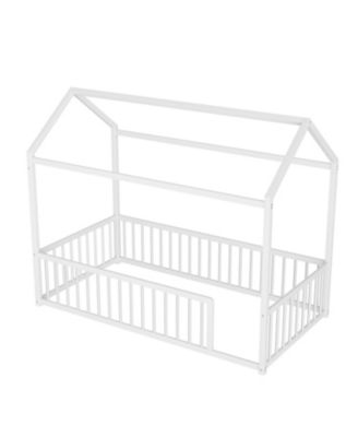 Twin Montessori Metal Floor Bed Frame, House Bed with Fence, Easy Assemble, Black