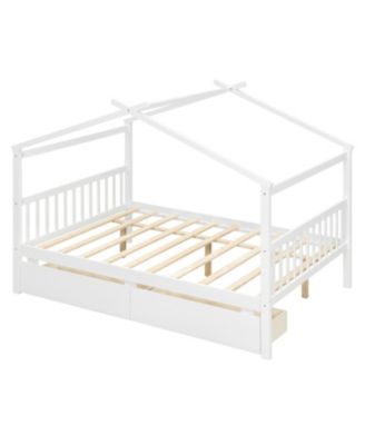 Full Size Wooden House Bed with Drawers, White