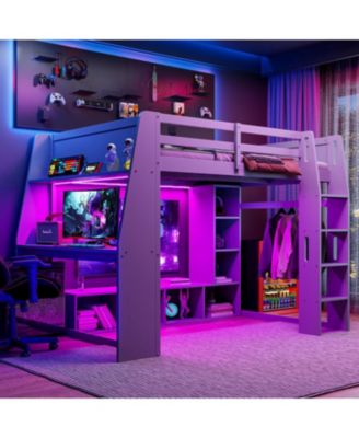 Streamdale Wood Gaming Loft Bed w/ Desk, Shelves, LED, Rack, Black