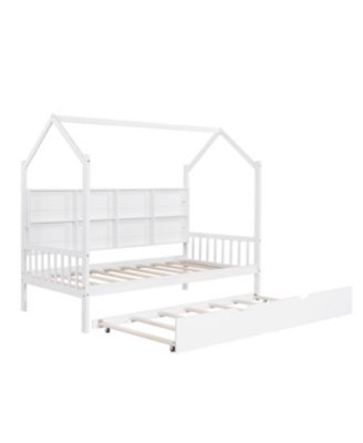Wooden Twin House Bed with Trundle & Shelf