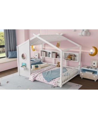 Floor House Bed Toddler Kids Montessori Bed w/ Shelf & Roof.