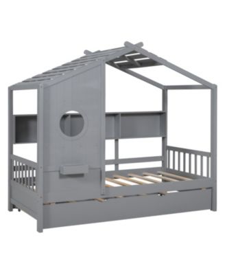 Wooden Twin House Bed with Trundle & Shelf - Gray