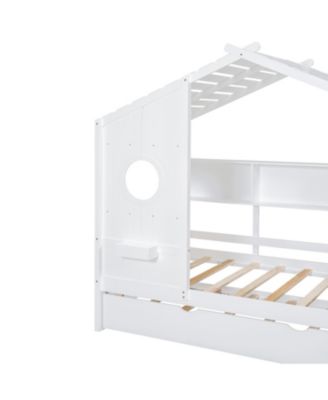 Wooden Twin House Bed with Trundle & Shelf - Gray