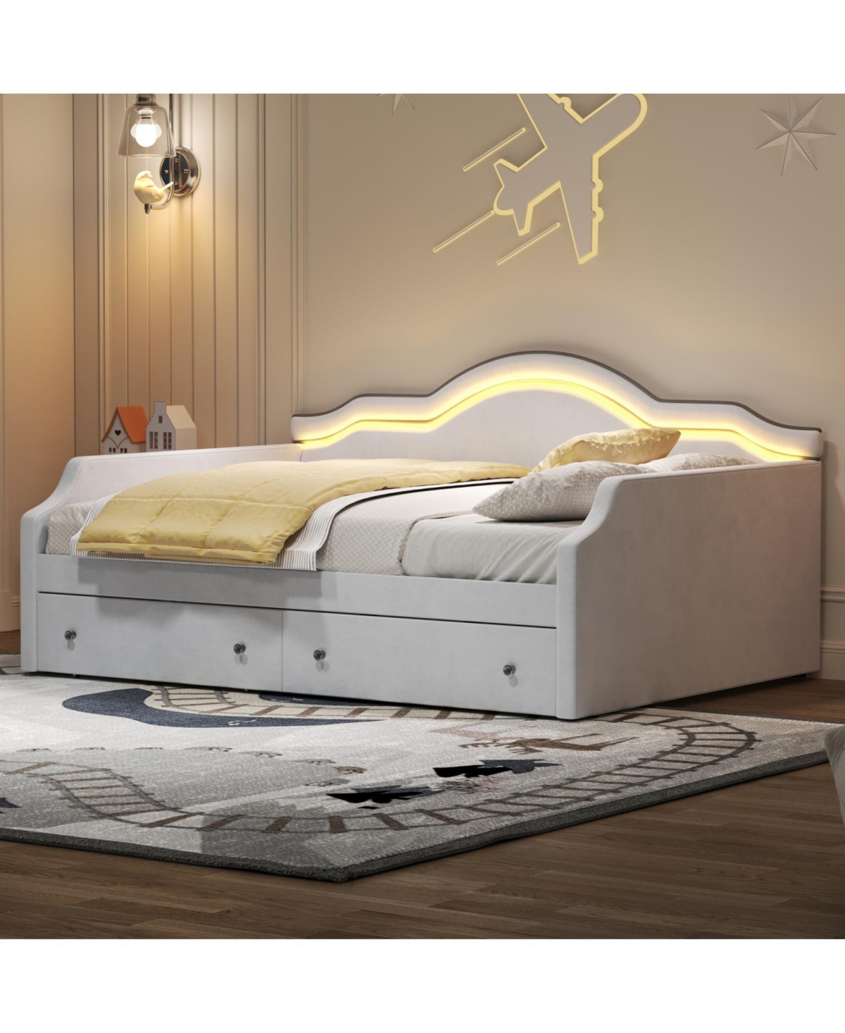 Streamdale Furniture Full Size Upholstered Daybed with Led and 2 Drawers