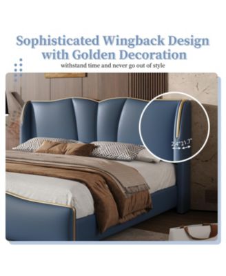 King Leather Bed Frame Wingback Headboard Platform Bed Black