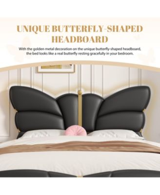 Streamdale Queen Upholstered Bed Frame, Butterfly Headboard, Gold Accents