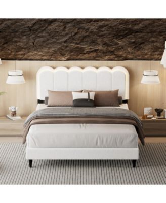  Lambswool Cream Headboard Bed Frame w/ Light, Queen