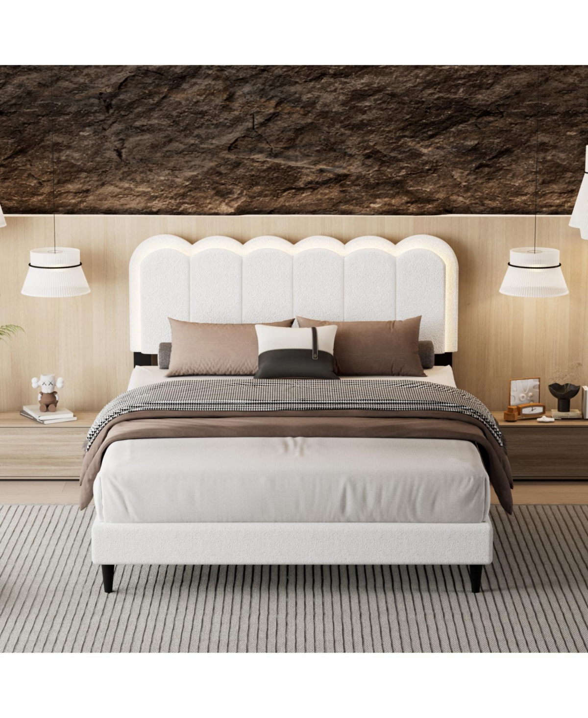 Streamdale Furniture Lambswool Cream Headboard Bed Frame w/ Light, Queen