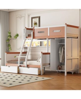 Twin Over Full Bunk Bed Wardrobe, Drawers, Shelves & LED