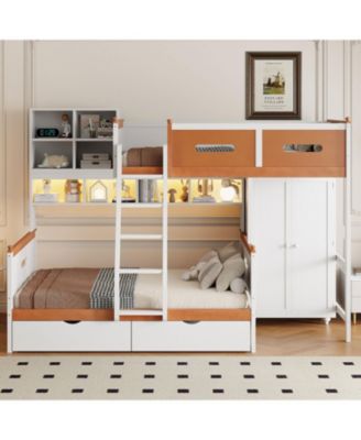 Twin Over Full Bunk Bed Wardrobe, Drawers, Shelves & LED